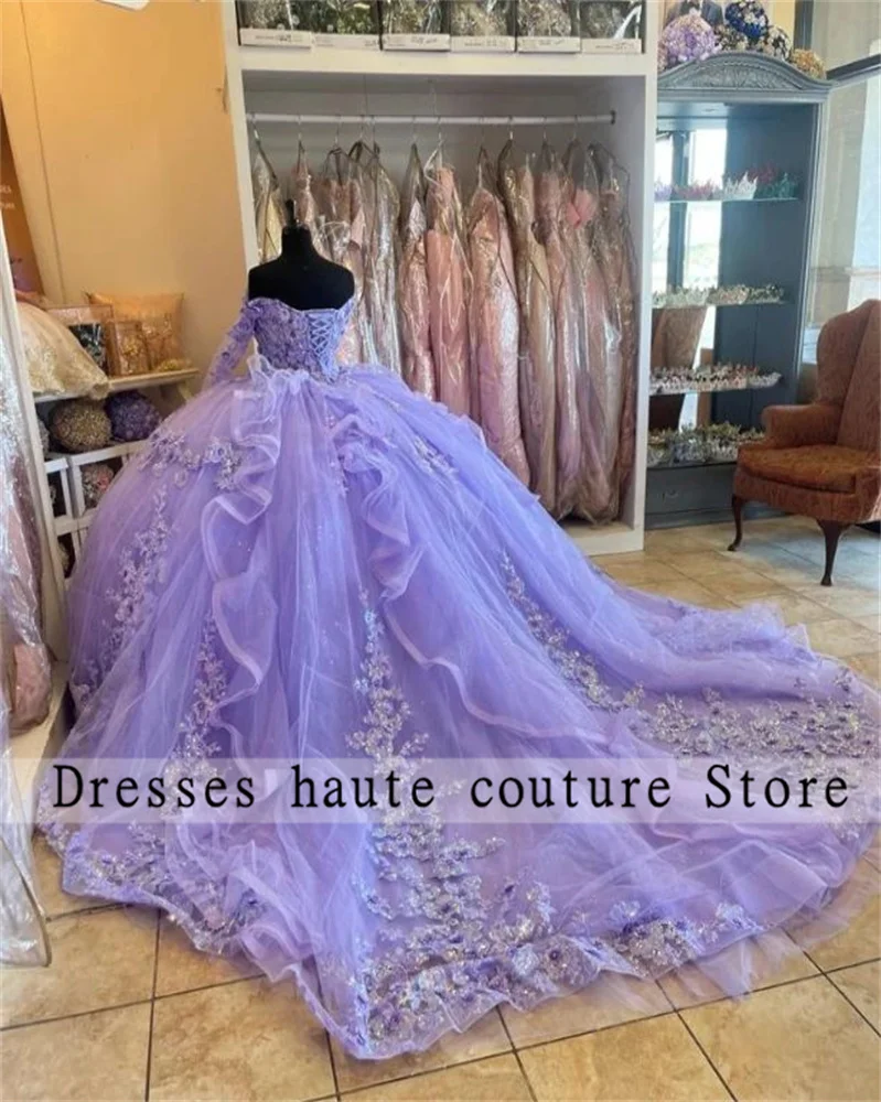 Vestido de baile de lavanda mexicana con hombros descubiertos, quinceañera, Apliques de encaje con cuentas, vestidos de cumpleaños dulces 16,