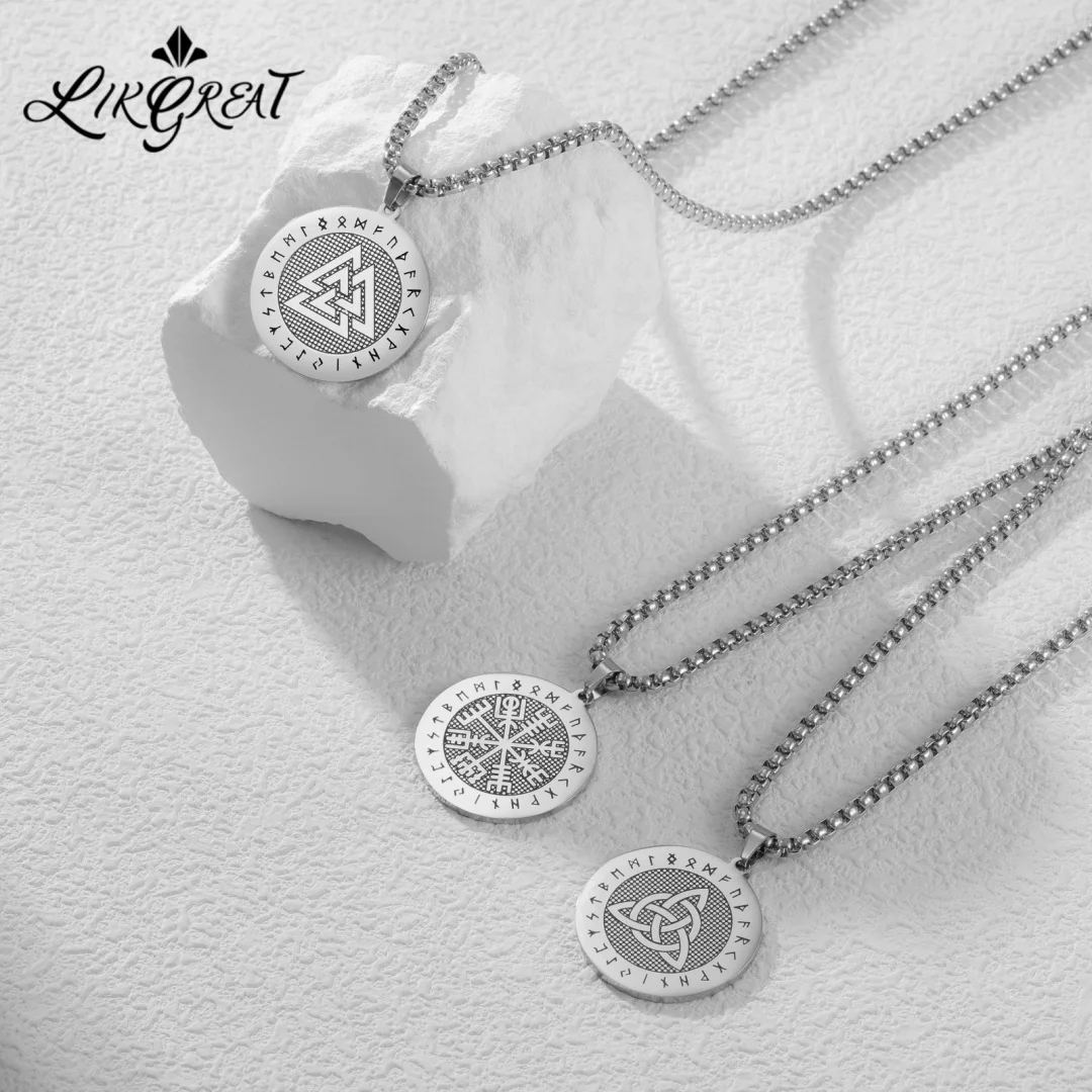 Image of Nordische Wikinger-Symbol-Halskette aus Edelstahl, Valknut Vegvisir Triquetra Elder Futhark Runen-Amulett, Retro-Kettenhalskette, Schmuck