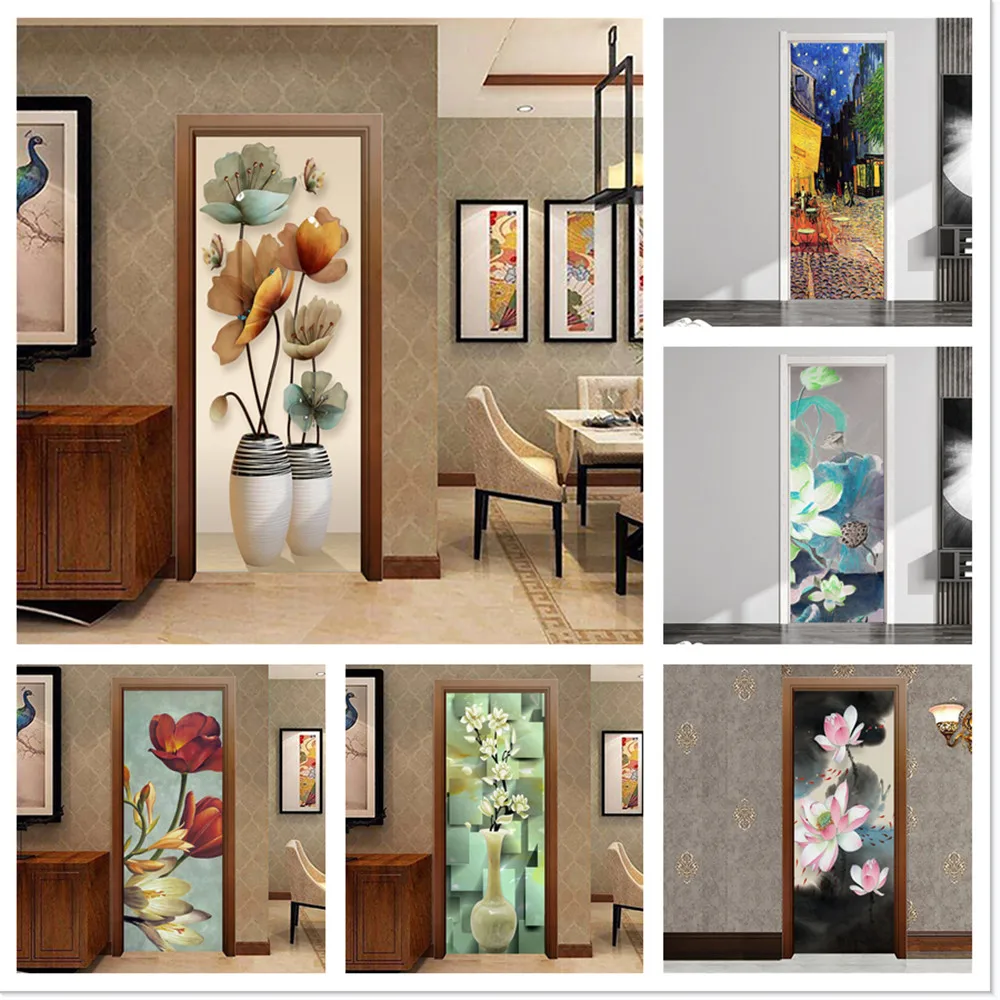 Ink Lotus Art Printed Sticker Porte Vase Oil Printing Home Decor Elegant Mural Peel And Stick For Corridor Bedroom Living Room