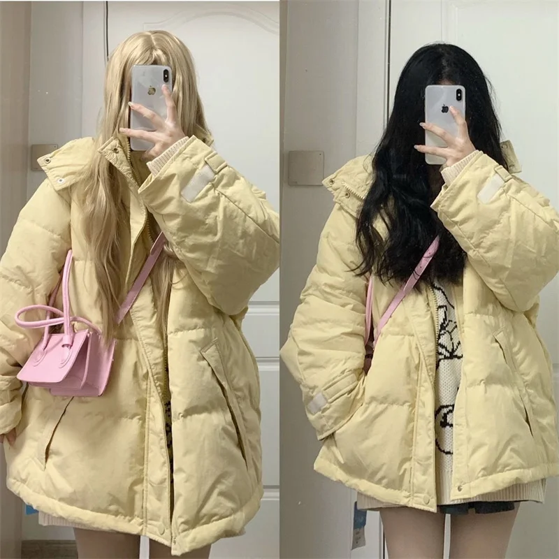 

2023 Down Cotton Coat Women's Fashion Simple Commuting Versatile Loose and Thickened Hooded Cream Yellow Cotton Coat Winter Coat