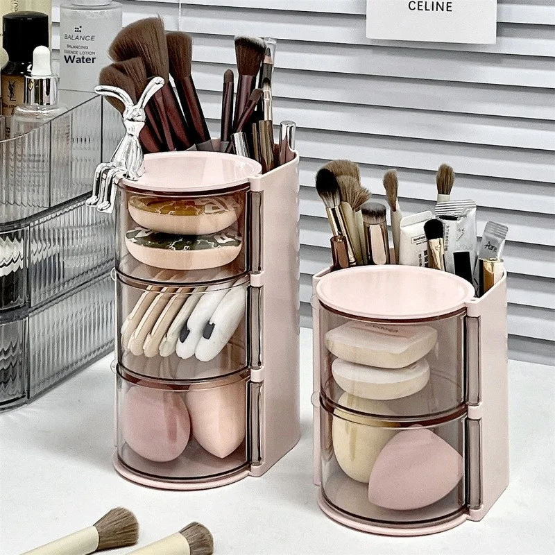 Makeup Puff Storage Box Rotating Dustproof Dressing Table Desktop Makeup Sponge Cushion Lipstick Brush Organizer Rack.