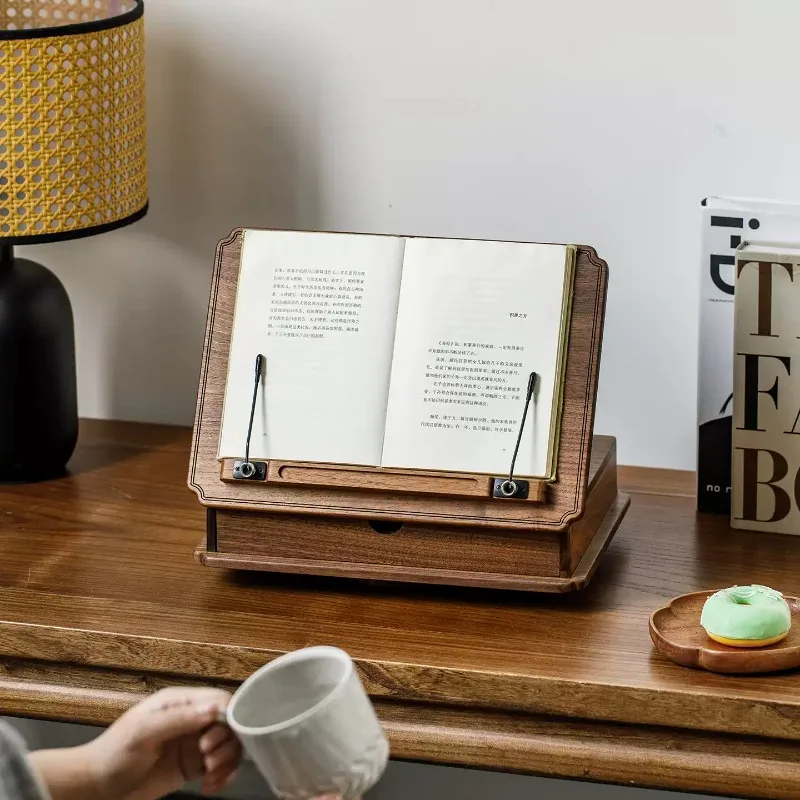 

Подставка для книг из черного ореха, многофункциональный студенческий настольный органайзер с выдвижным ящиком, регулируемая стойка для чтения, учебное пособие с стойкой для хранения