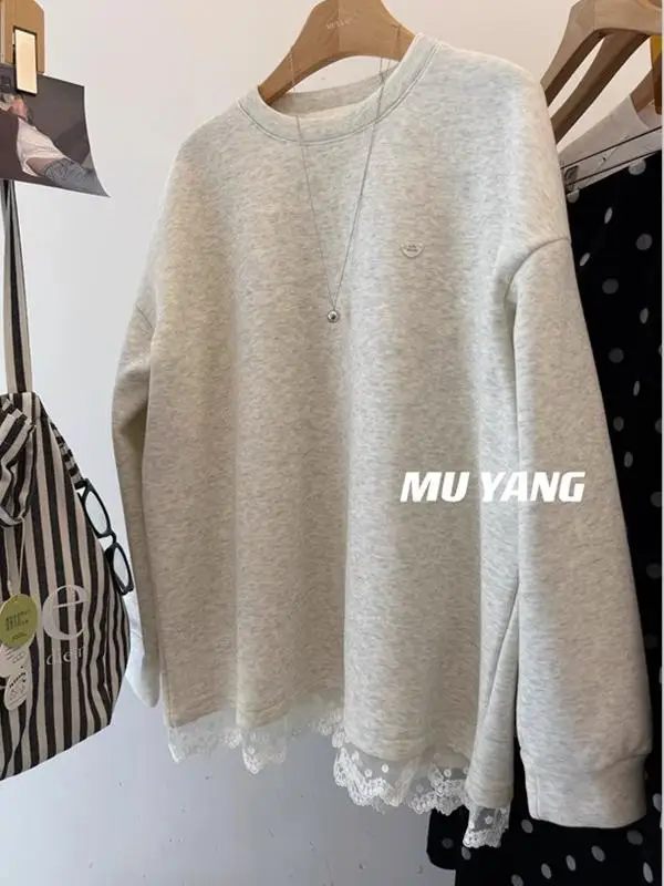 

Ретро-свитшот в американском стиле с длинными рукавами, на флисовой подкладке, с вышивкой и кружевом, свободного кроя, женский зимний топ, удобный, с круглым вырезом