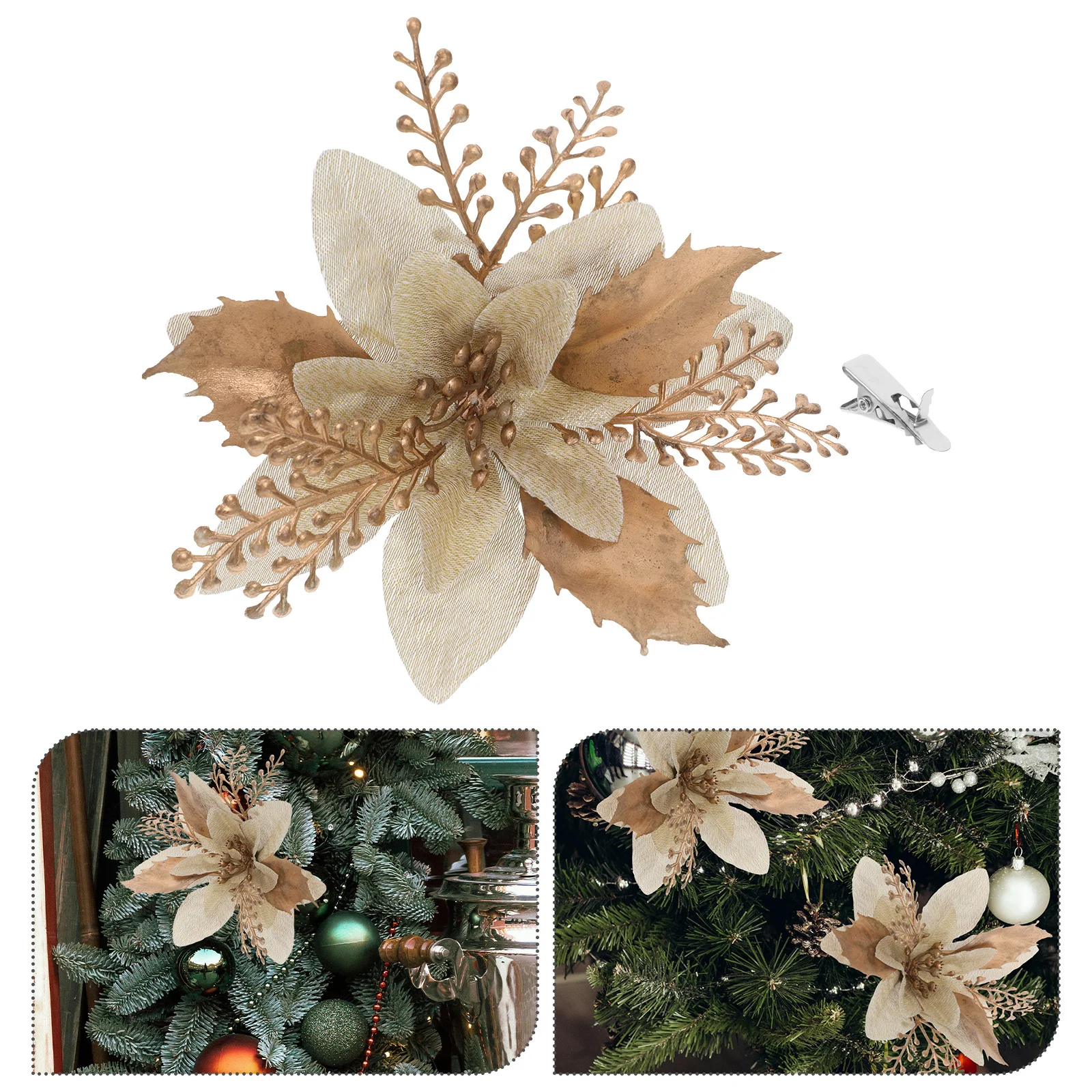 

6Pcs Christmas Poinsettia Clip on Artificial Flowers Glitter Decorations for Tree Garland Holiday Wedding Party