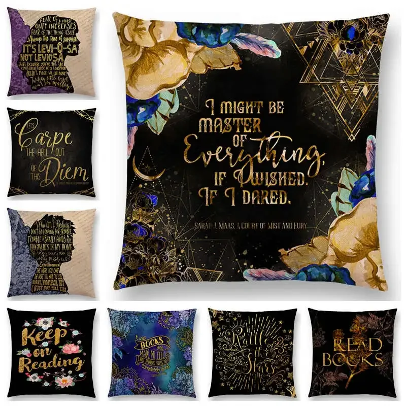 

Beautiful Golden Words Cushion Cover Black Golden Letters Pillow Cover Reading Books Story Text Sofa Throw Pillowcase