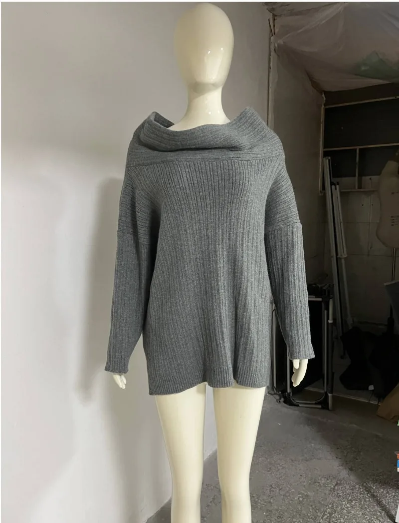 Women Knitted Pullovers Sweaters 2024 Fall Winter Ribbed Off Shoulder Long Sleeve Loose Casual Jumpers Oversized Streetwear Tops