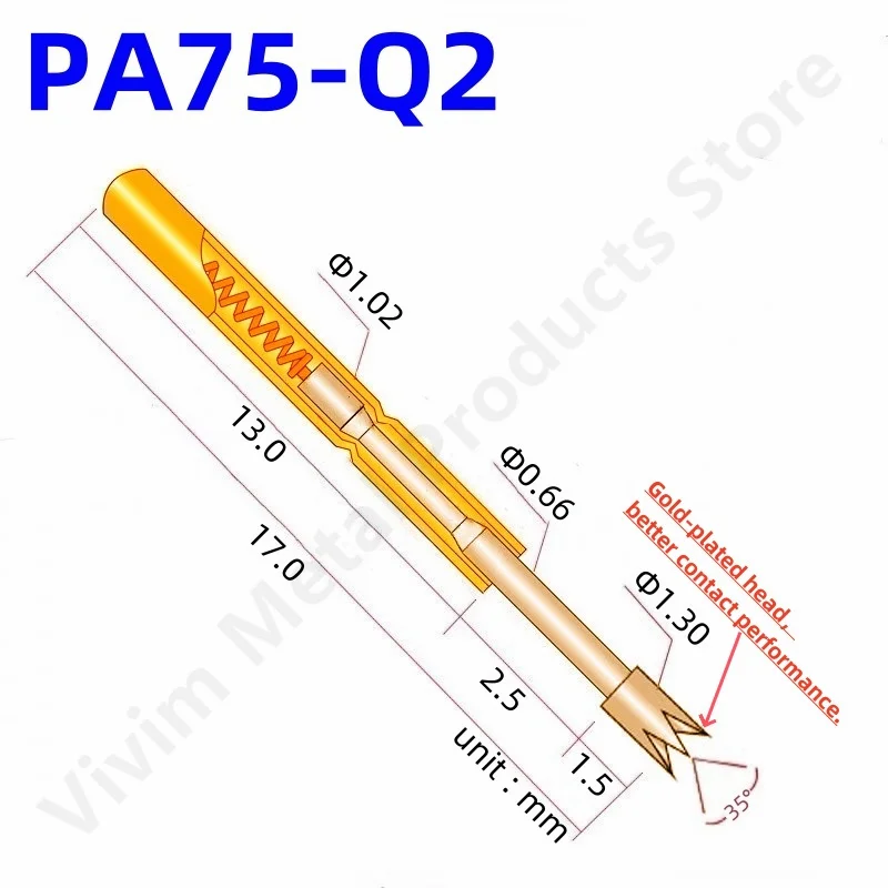 100PCS PA75-Q2 Spring Test Probe Test Pin Pogo Pin P75-Q2 P75-Q  ICT FCT PCB Test Tool 1.30/1.02/17.0mm Gold Needle Crown Tip