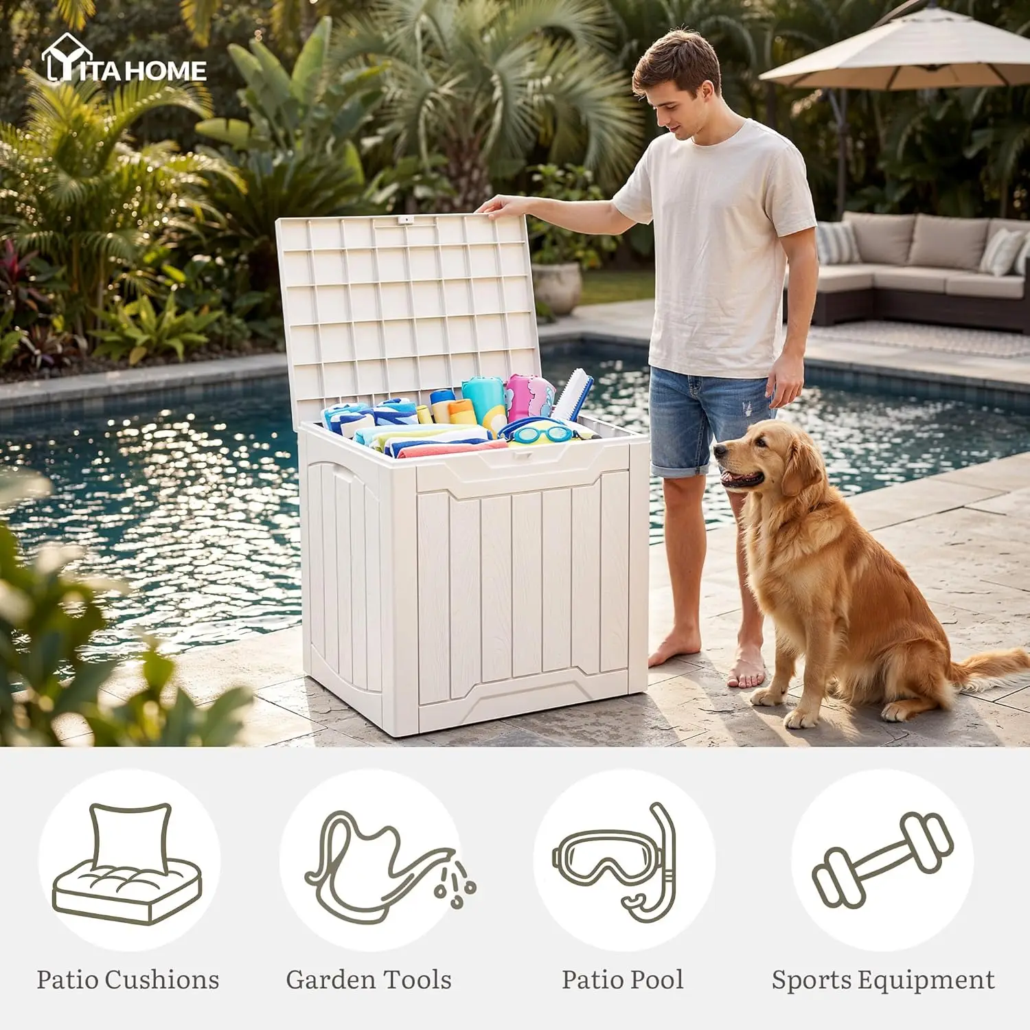 31 Gallon Deck Box Set of 2 Lockable Outdoor Storage Bins for Patio Cushions Garden Tools Resin view 3