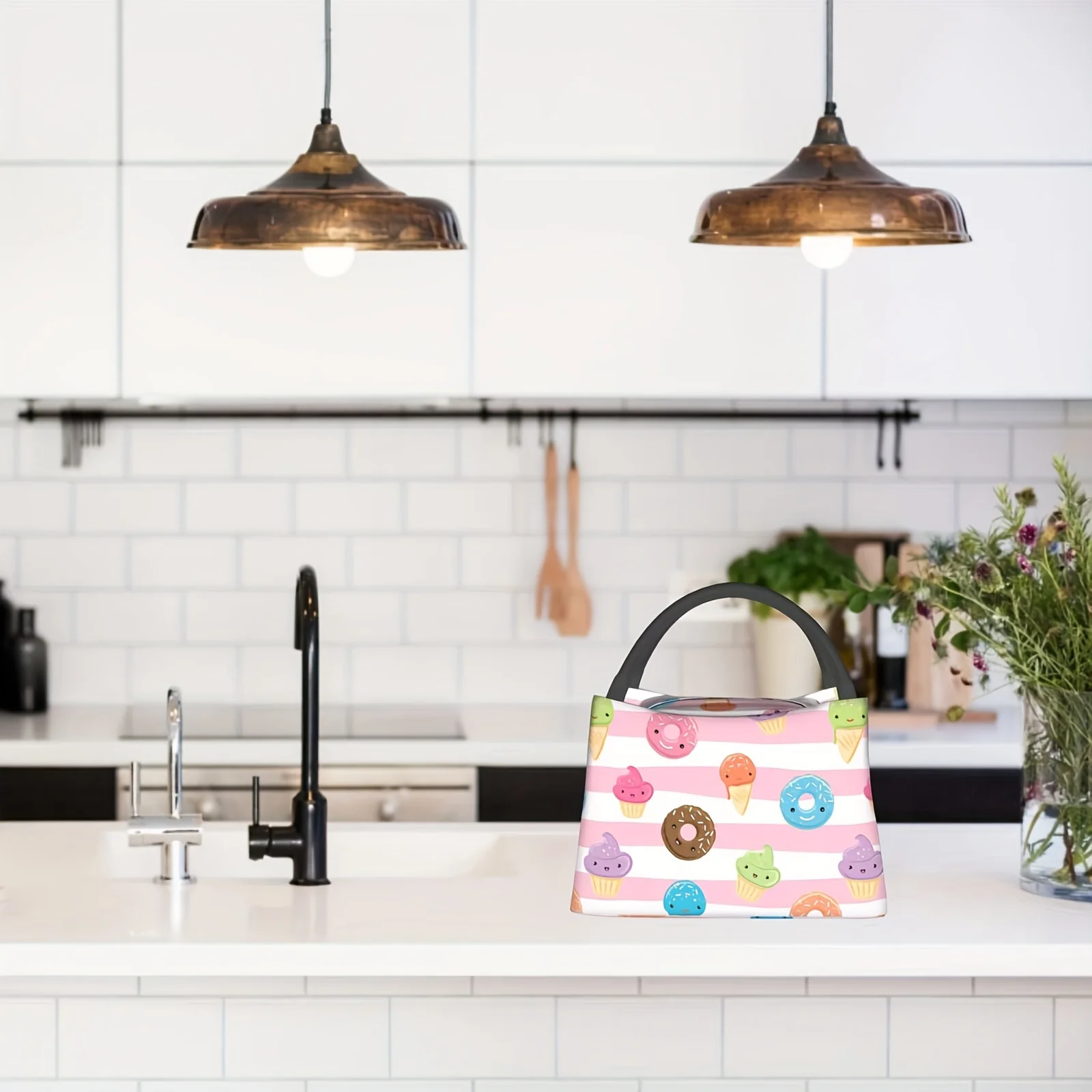 Reusable Insulated Lunch Bag with Playful Donut Cupcake Design Durable Polyester Zipper Closure Ideal for Travel