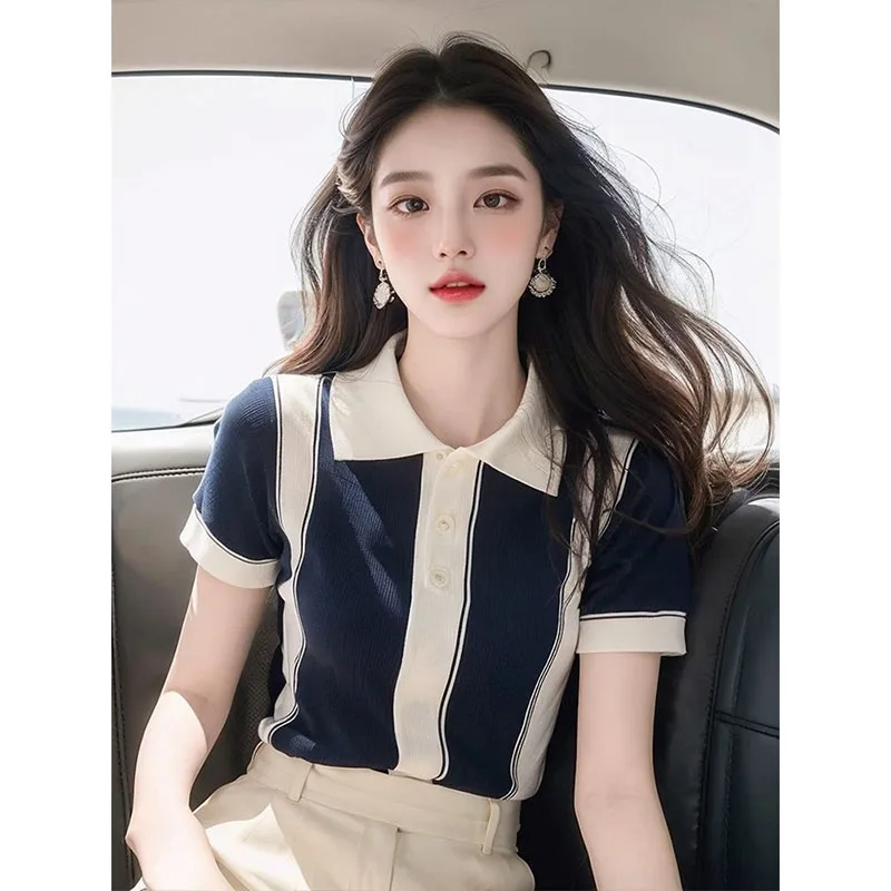 Summer Ice Line Knitted Short Sleeve T-Shirt Turn-down Collar Striped Base Layer Top Korean Style Fashion Women's Polyester