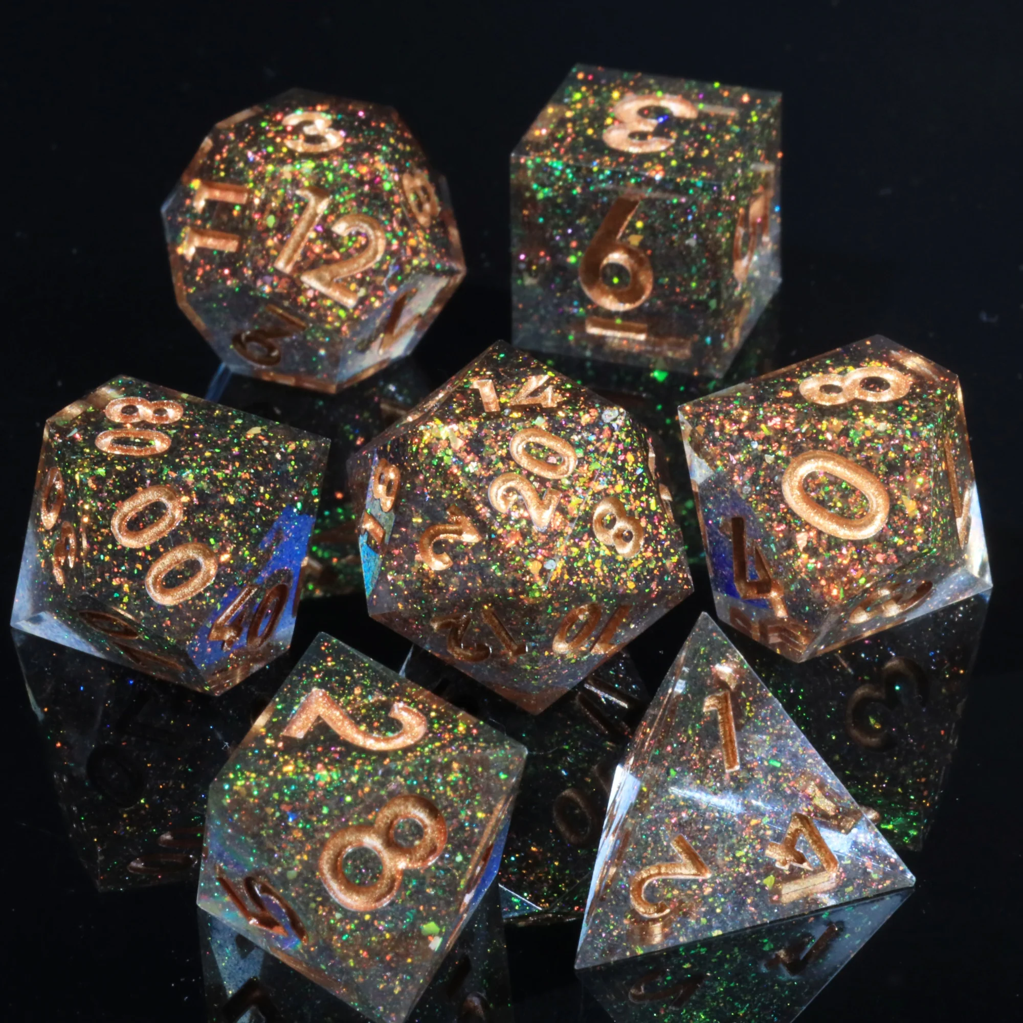 MINI PLANET Black Gold Polyhedral Resin Dice Set 7pcs/set DND Dice TRPG Board Game Sharp Dice 6pcs D6 D20 Dice with Sharp Edges