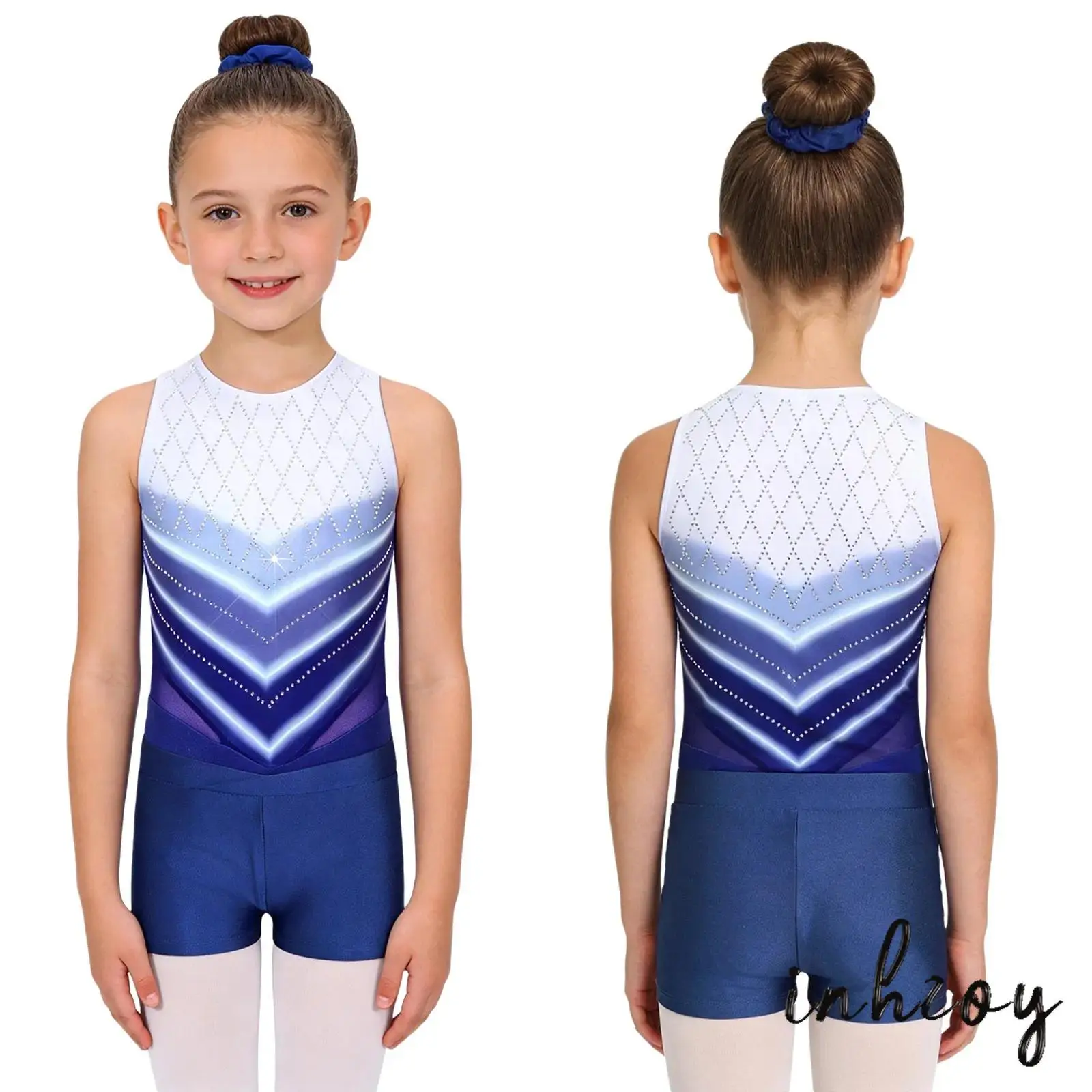 

Kids Girls 4Pcs Figure Skating Dance Costumes Sparkly Rhinestones Jumpsuit Ballet Yoga Leotard+Shorts+Long Pants+Hair Tie Set