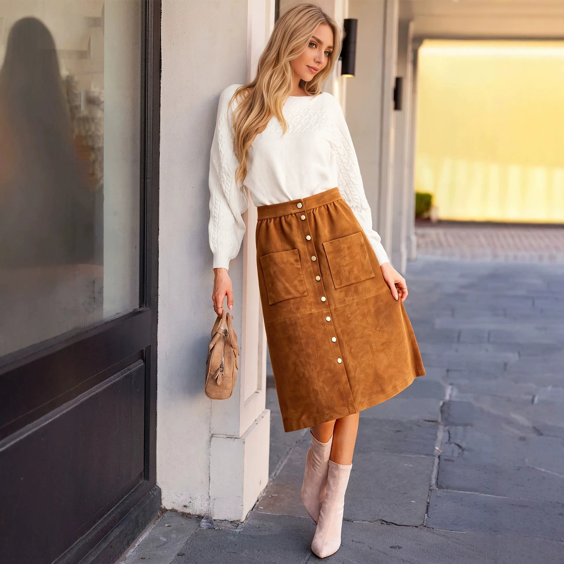Women's Suede Single-breasted High-waisted Autumn. And Winter Fashion Elegant Skirt Wedding Dress Vestidos Elegant Sexy Femme