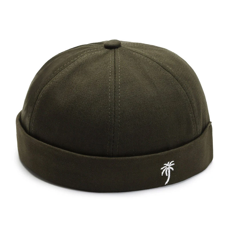 Men Embroidered Coconut Tree Docker Cap New Spring Brimless Hats Hip Hop Beanie Skullcap Solid Color Pumpkin Portable Melon Cap