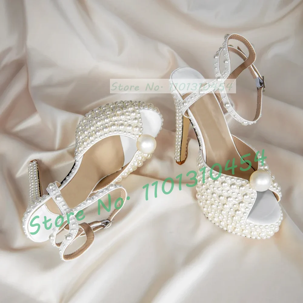 White Pearl Platform Thin High Heels Sandals Women Bride Classy Wedding Peep Toe Sandals Party Ankle Strap Luxury Shiny Shoes