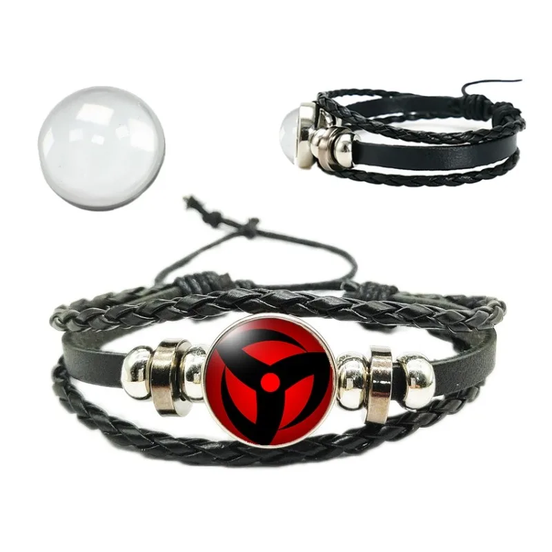 Anime Naruto Snap Weave Leather Cosplay Charm Hand Wristband Pocsket Glass Cabochon Adjustable Sharingan Accessory Gift