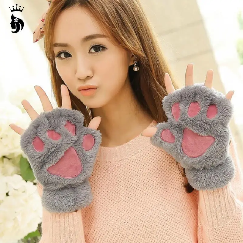 Gants de dessin animé de patte de chat de demi-doigt, mitaines en peluche floues épaisses, chauffe-mains sans doigts d\'aviation, mignons et chauds,