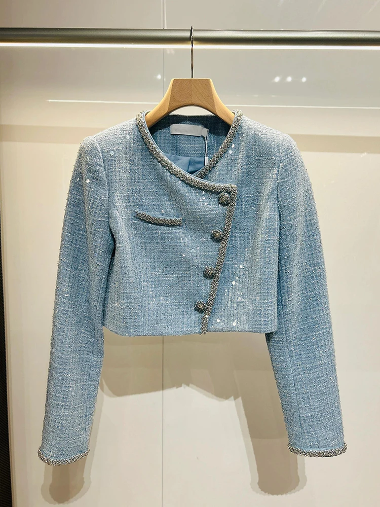 

Premium Blue ort Coat Top with Heavy Embelliment for Women Ele iny Diamond Design Loose Fit Sle for Autumn