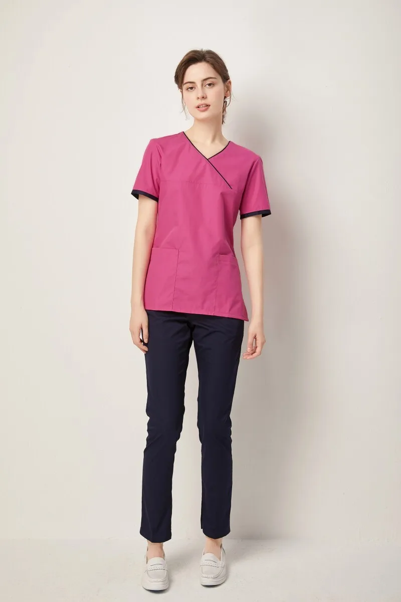 2023divise da clinica odontoiatrica a maniche corte con scollo a V incrociato estivo da donna Set Pet Hospital infermieristica Scrub abbigliamento blu Navy Topwear