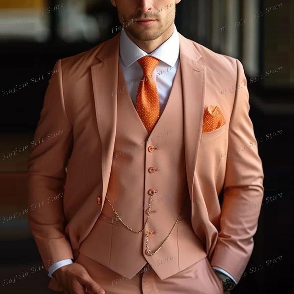 

New Coral Red Business Men Suit Groom Groomsman Prom Wedding Party Male Formal Occasion Tuxedos 3 Piece Set Blazer Vest Pants