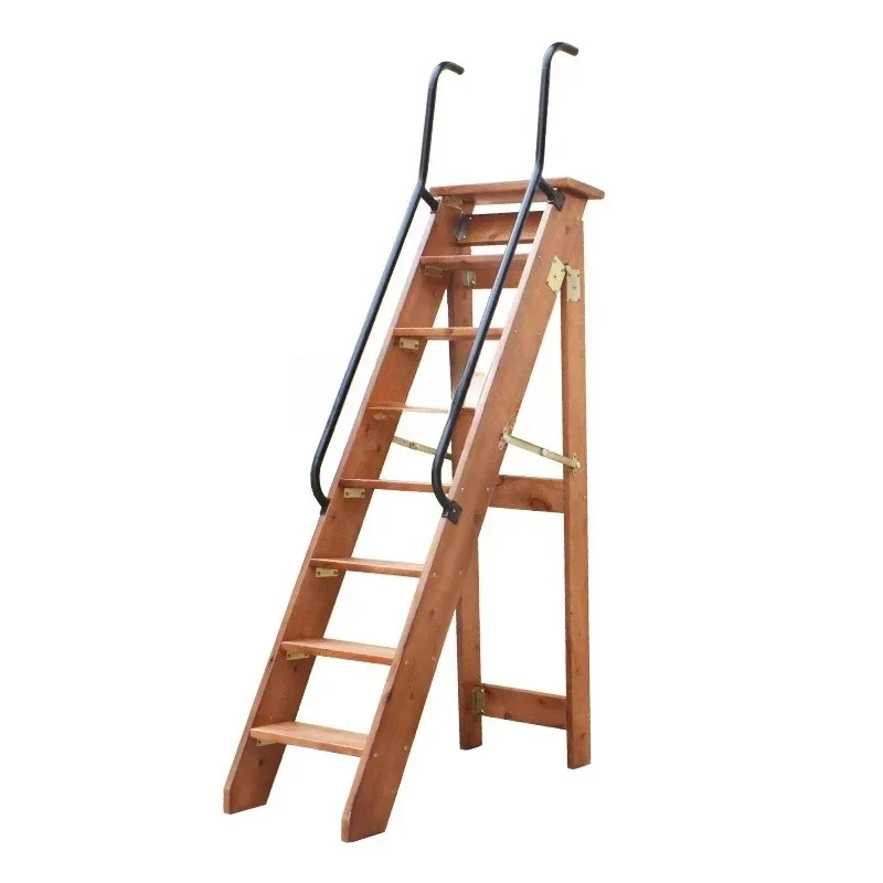 QQHousehold Folding Stairs Indoor All-solid Wood Unilateral Herringbone Ladder Multifunctional Mobile Climbing Wooden Escalator