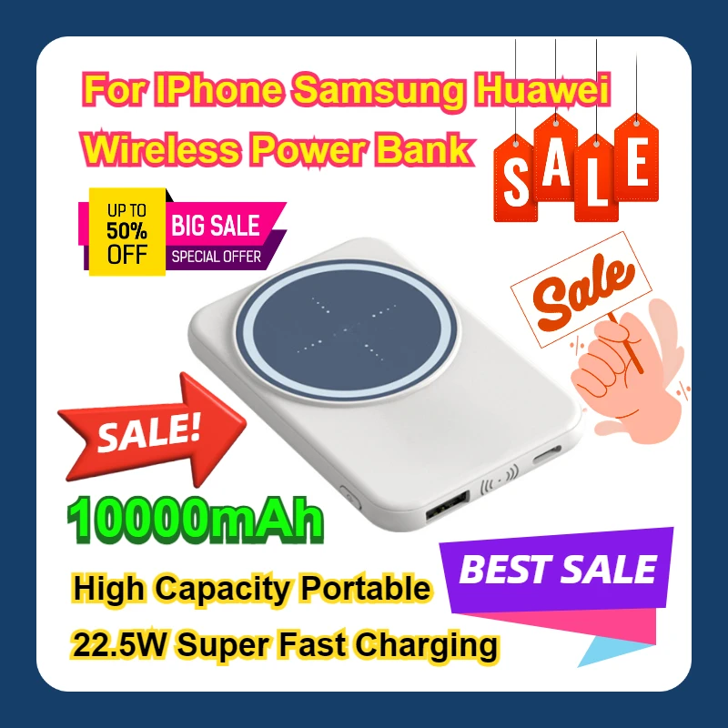 

For IPhone Samsung Huawei Wireless Power Bank Ultra-Thin 10000mAh High Capacity Portable 22.5W Super Fast Charging