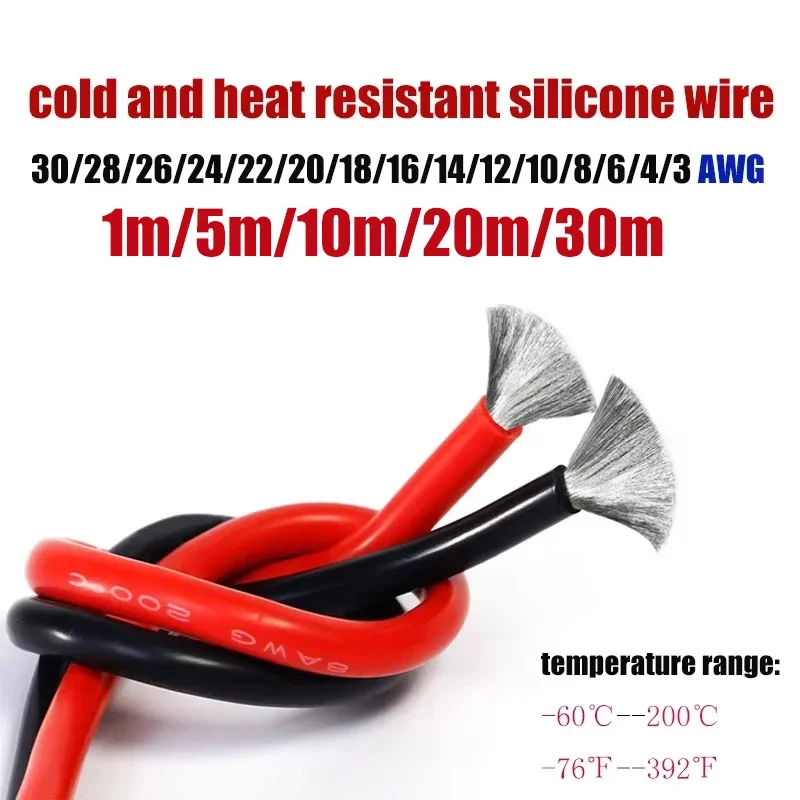 1-30m Cold Heat Resistant Silicone Wire 4 6 8 10 12 14 AWG Gauge Red Black Electric Cable for RC Car Battery Auto Inverter Solar