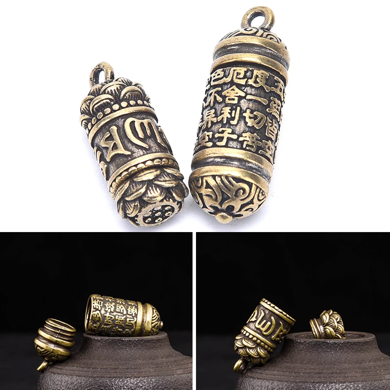 [E] Hollow Brass Buddha Sutra Cylinder Pendant Keychain Necklace Jewelry Pill Box - view 2