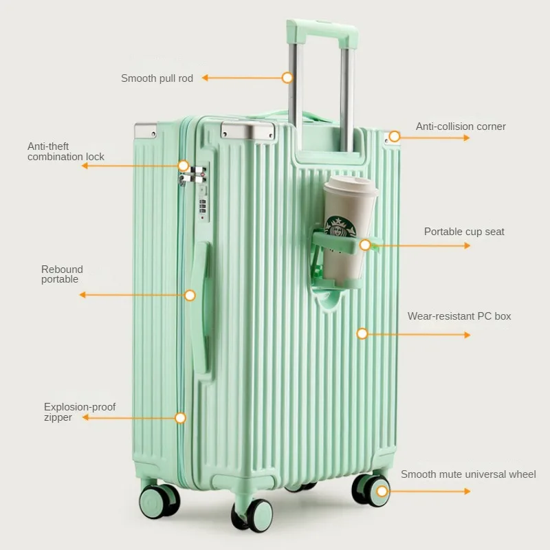 Multi Function Rolling Luggage Students' Large Size Suitcase with 2 Handles Male Female Silent Wheel Trolley Box with Cup Holder