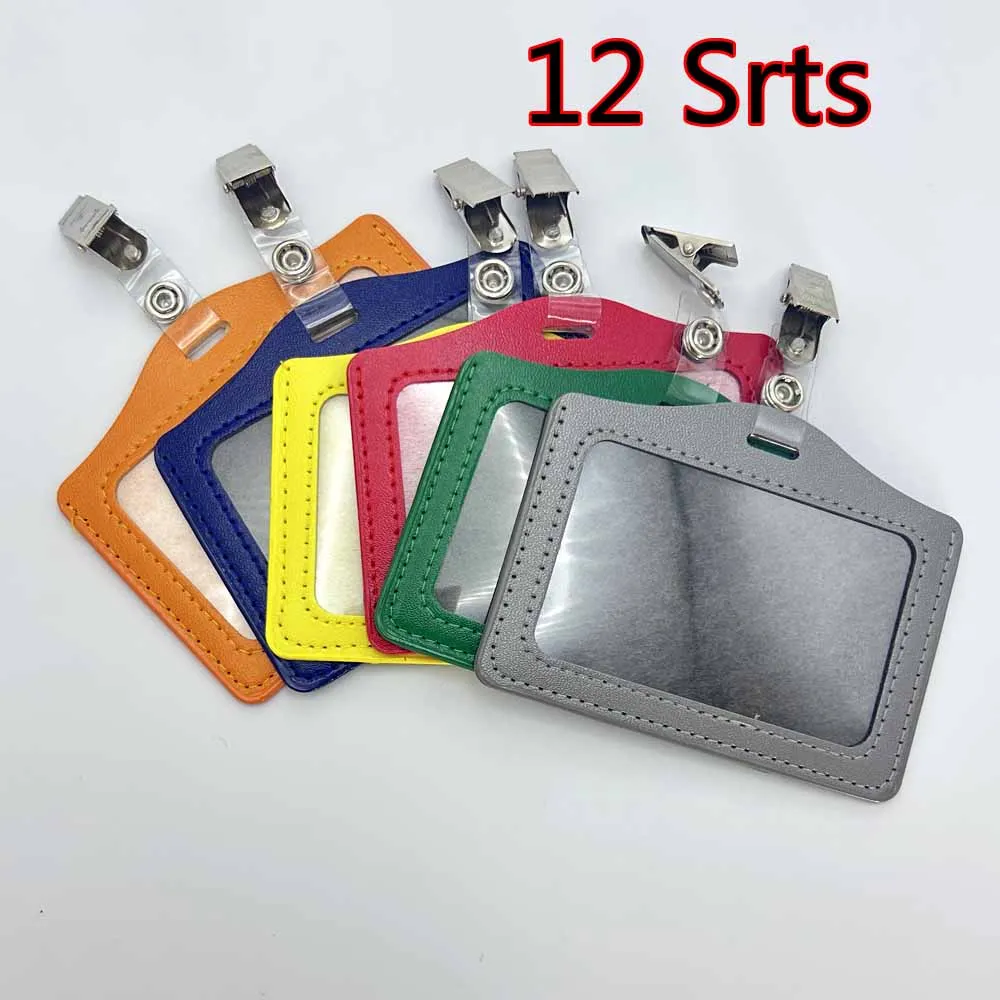 12 Sets PU Card Cover With Clips Business Office ID Badge Bag Bus Pocket Staff Work Card Holder Badge Case Random Send Colors