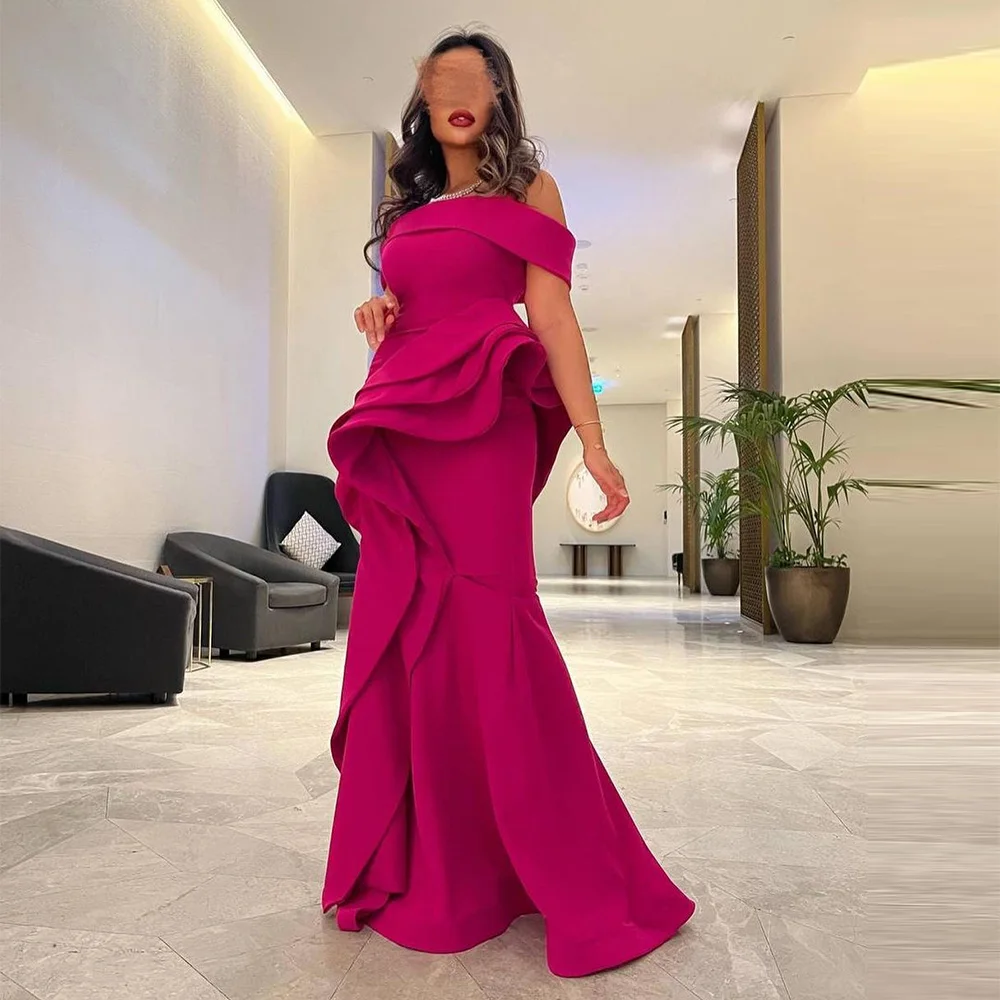 

Sevintage Fuschia Satin Mermaid Prom Dresses Off the Shoulder Pleat Ruched Saudi Arabic Women Evening Gown Formal Party Dress