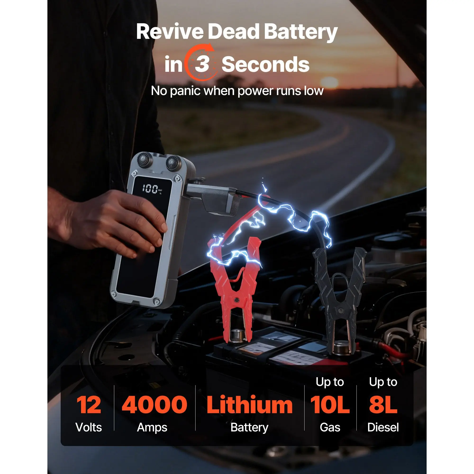 Jump Starter, 4000A Peak, Car Jumper Battery Pack, 12V Portable Lithium Booster, Box Power Bank with 3 Modes Flashlight and