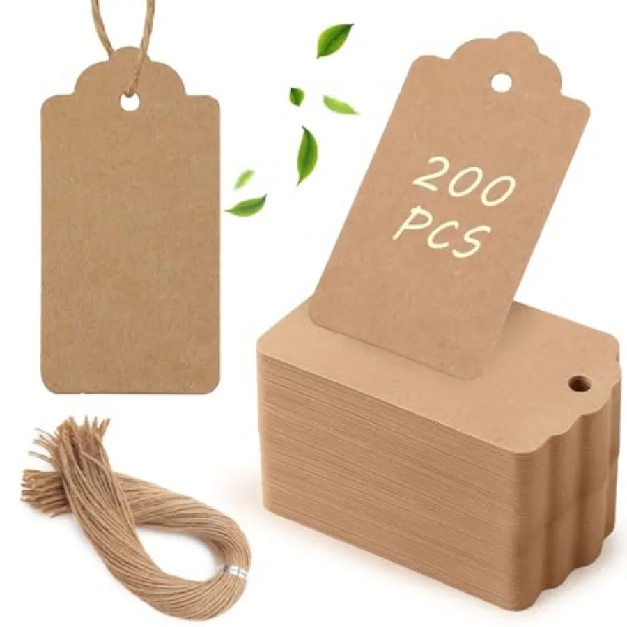 Kraft Gift Tags with String, 200 Pack 1.6 X 2.8 inch Water Ripple Edge, Natural Jute String, Pre-Punched Design, Clothing Label