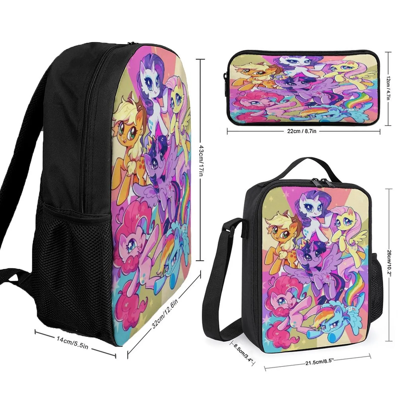 Pony Cartoon Mochila, Meal Pen Bag, impressão 3D, bonito padrão, personalizado, conjunto de 3 peças, escola temporada, 2024