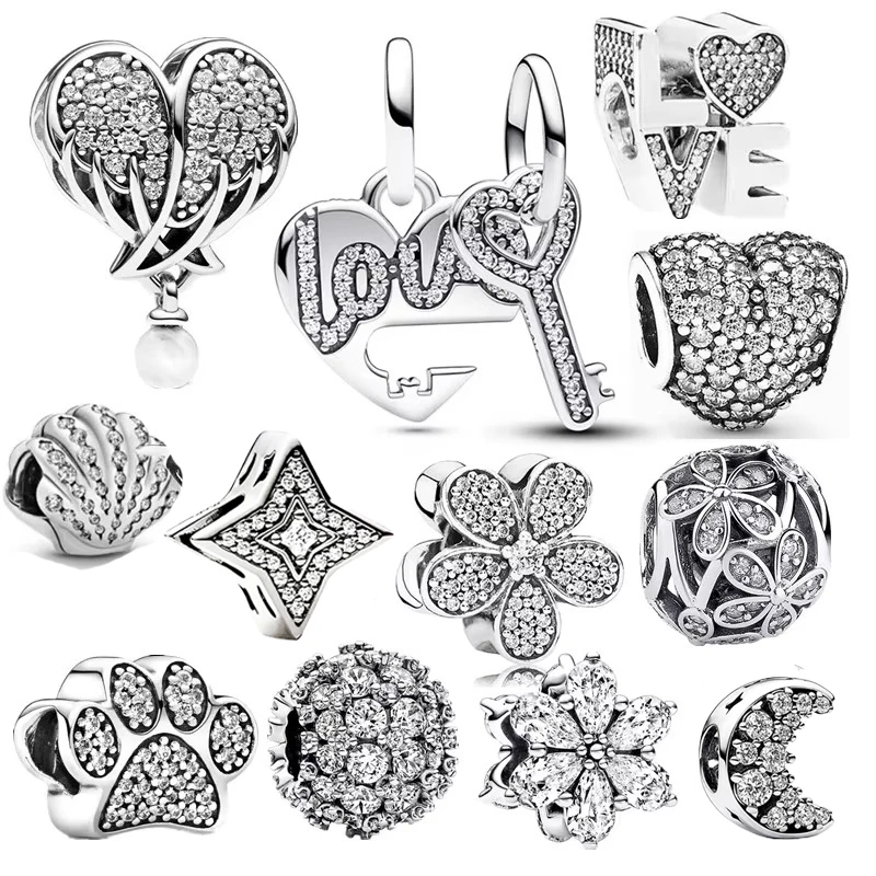 

Sparkling Clear Paw Print & Flower Wing Trinket Charm Bead Jewelry Fit Original 925 Sterling Silver Bracelet Necklace Women Gift