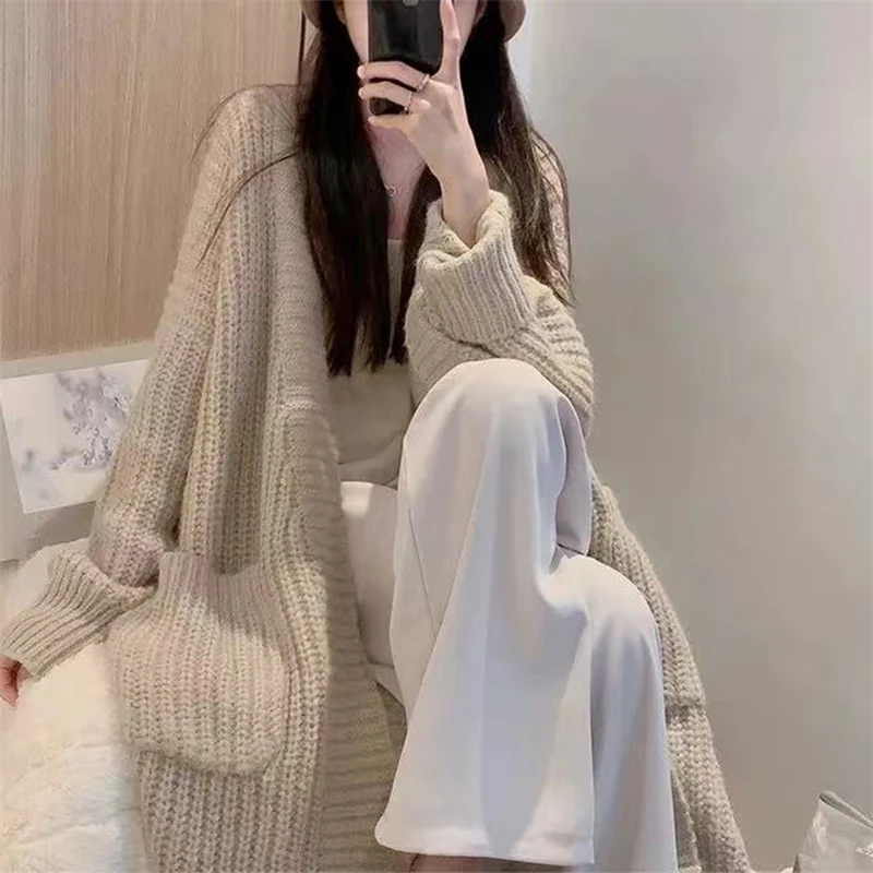 

Autumn Winter High Quality Premium Knit Cardigan Women's 100%Wool Cashmere Medium length Sweater V-neck Loose Coat Jacket Female