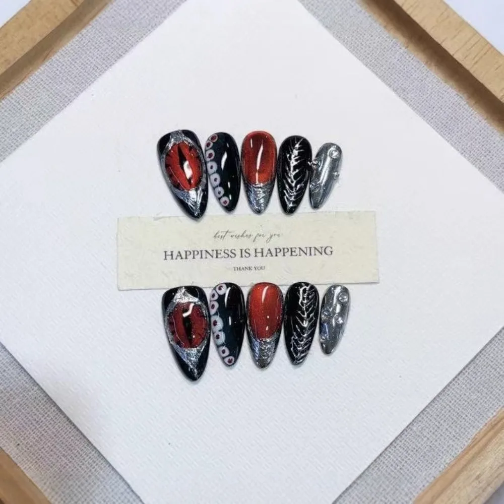10 Pieces Red Cat Eye Halloween Handmade Press On Nails Skeleton Shaped Devil Eyes French Fake Nails Removable and Reusable