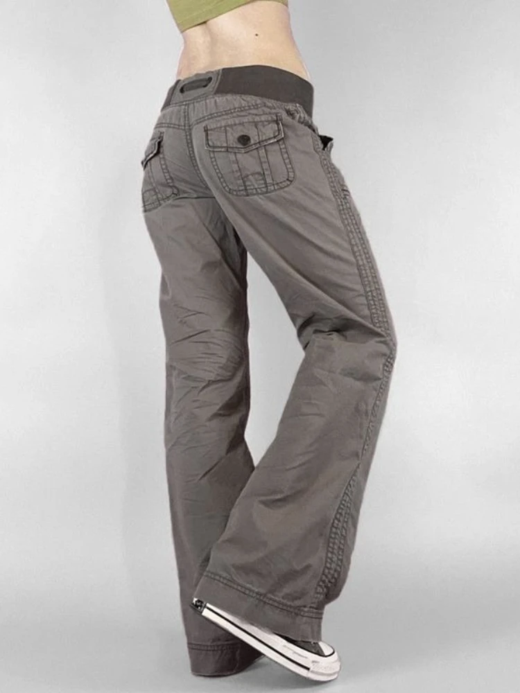 HOUZHOU Vintage Lace Up Women Cargo Pants Y2k Harajuku Low Waist American Style Pockets Straight Trousers Casual Gyaru Street