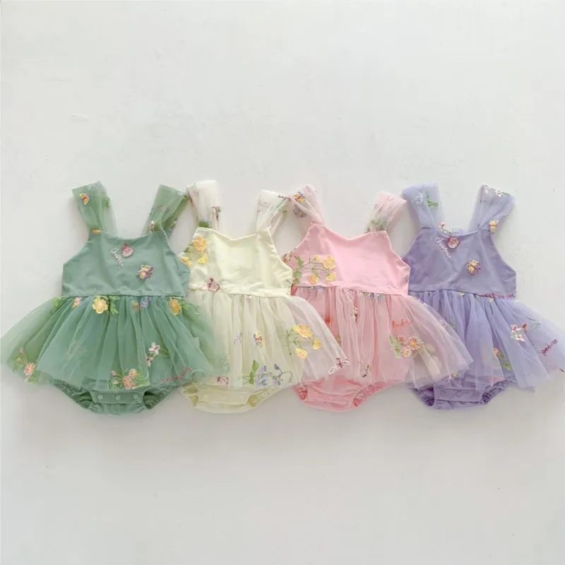 Newborn Baby Girl Princess Tulle Dress Fairy Embroidery Flower Sling Romper Infant Toddler Daisy Jumpsuit  Baby Clothing 3-18M