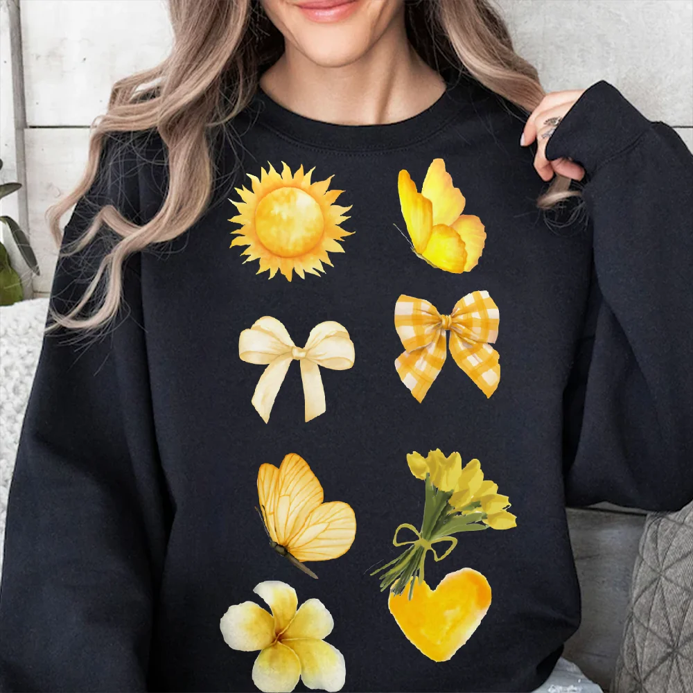 

Sweatshirt Yellow Sun Butterfly Bows Y2k Print Woman Sweatshirts Cheerful Summer Graphic Casual Clothes Trendy Design Fun Vibe