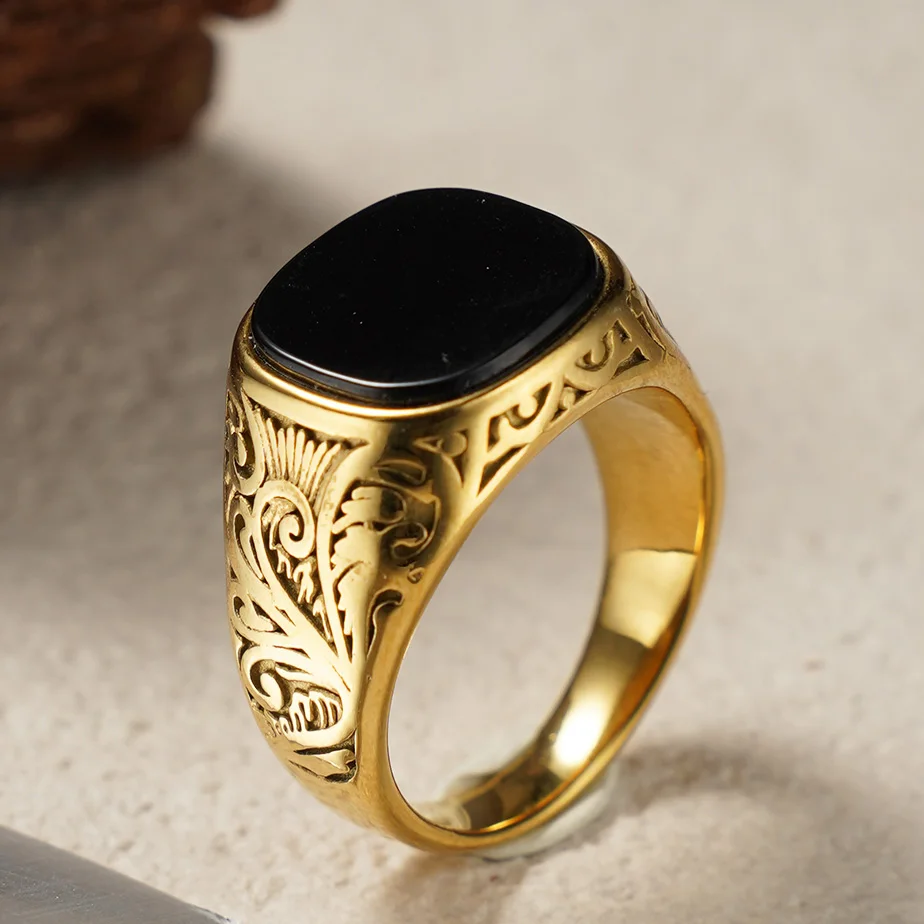 Stylish and retro black onyx rings, simple and business-like, are made of 316L stainless steel with 18k gold plating.