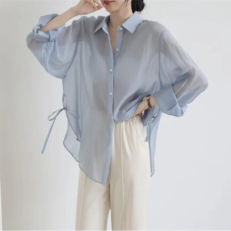 Camicia di seta oversize Prairie Chic, giacca cardigan in morbido tessuto Lyocell, camicia leggera con protezione solare streetwear coreano camisaa