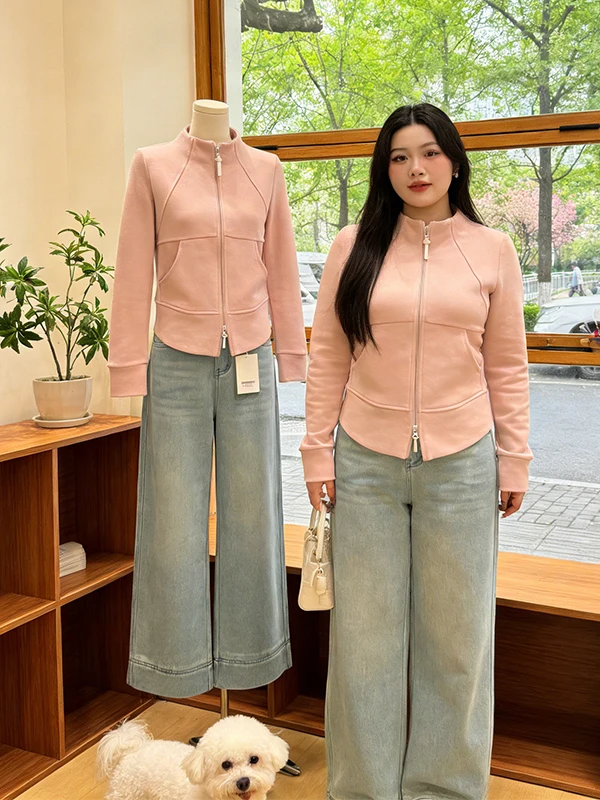 

plus Size Pink Sweatshirt Jacket Women's Spring 2026 New Style Youthful Slimming Half High Collar Velvet Base Top