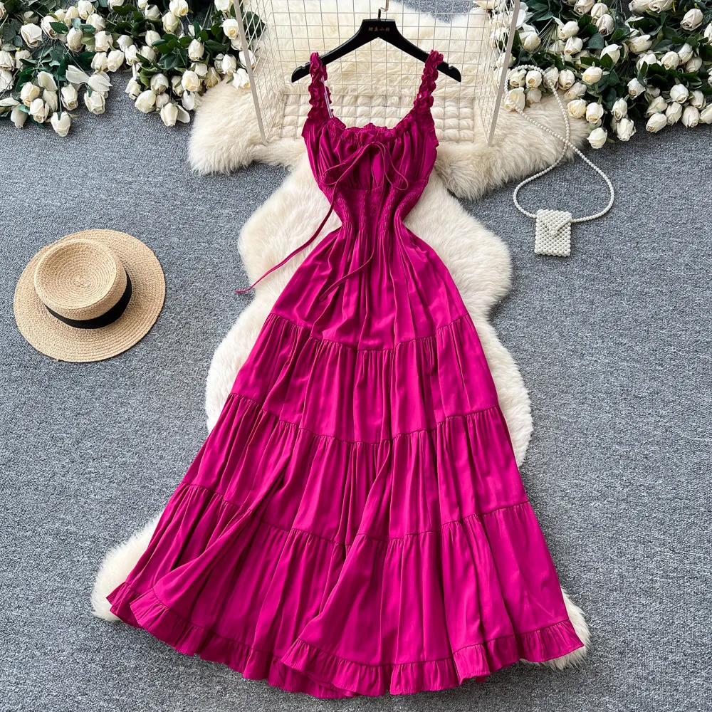Langes Kleid für Damen, A-Linien-Kleider, Y2k Streetwear, V-Ausschnitt, Ärmellos, Rüschen, Figurbetont, Elegant für Party, Abend, Arbeit, Sommer
