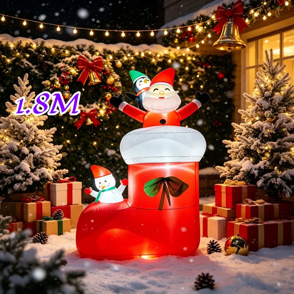 1.8M Inflatable Giant Christmas Boots Santa Claus Snowman Penguin Built-in LED Lights Indoor Outdoor Courtyard Lawn Decoration