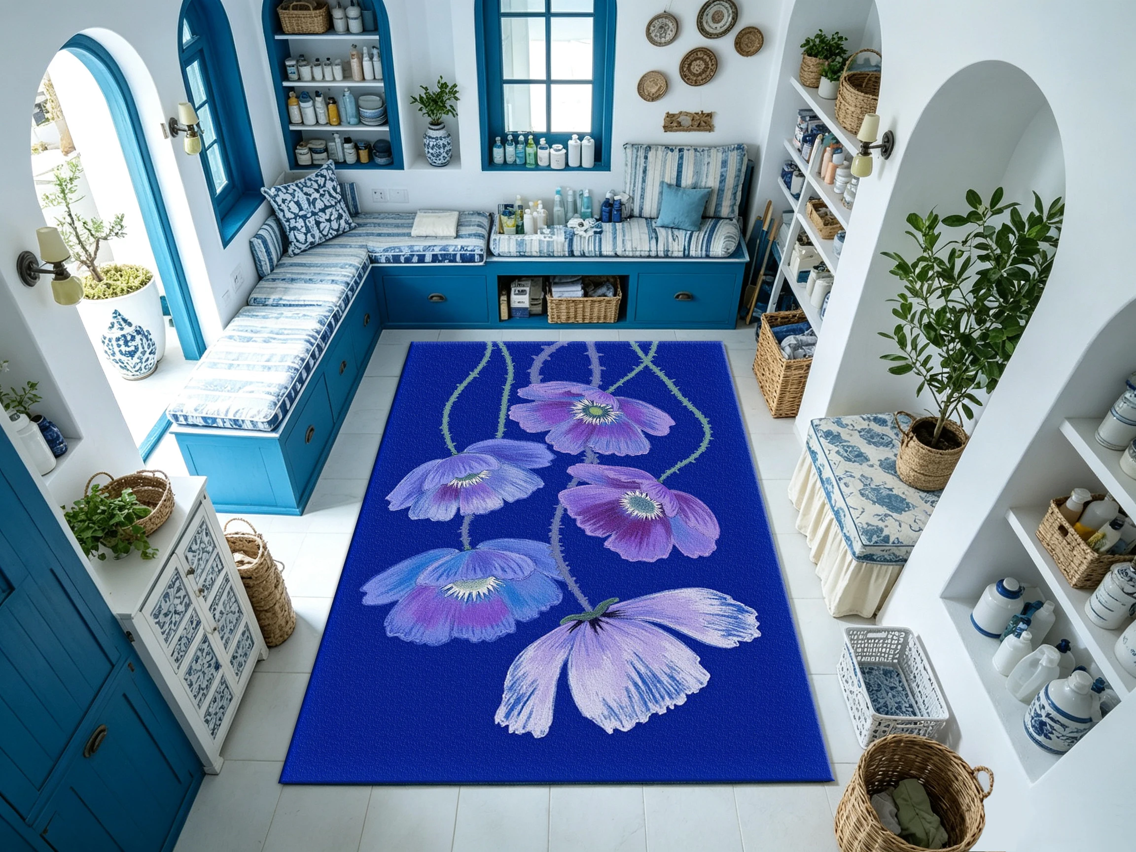 Deep Blue Background with Purple Poppy Flower Carpet, Elegant Plant Pattern Home Carpet, Suitable for Living Room, Bedroom, Interior Decoration