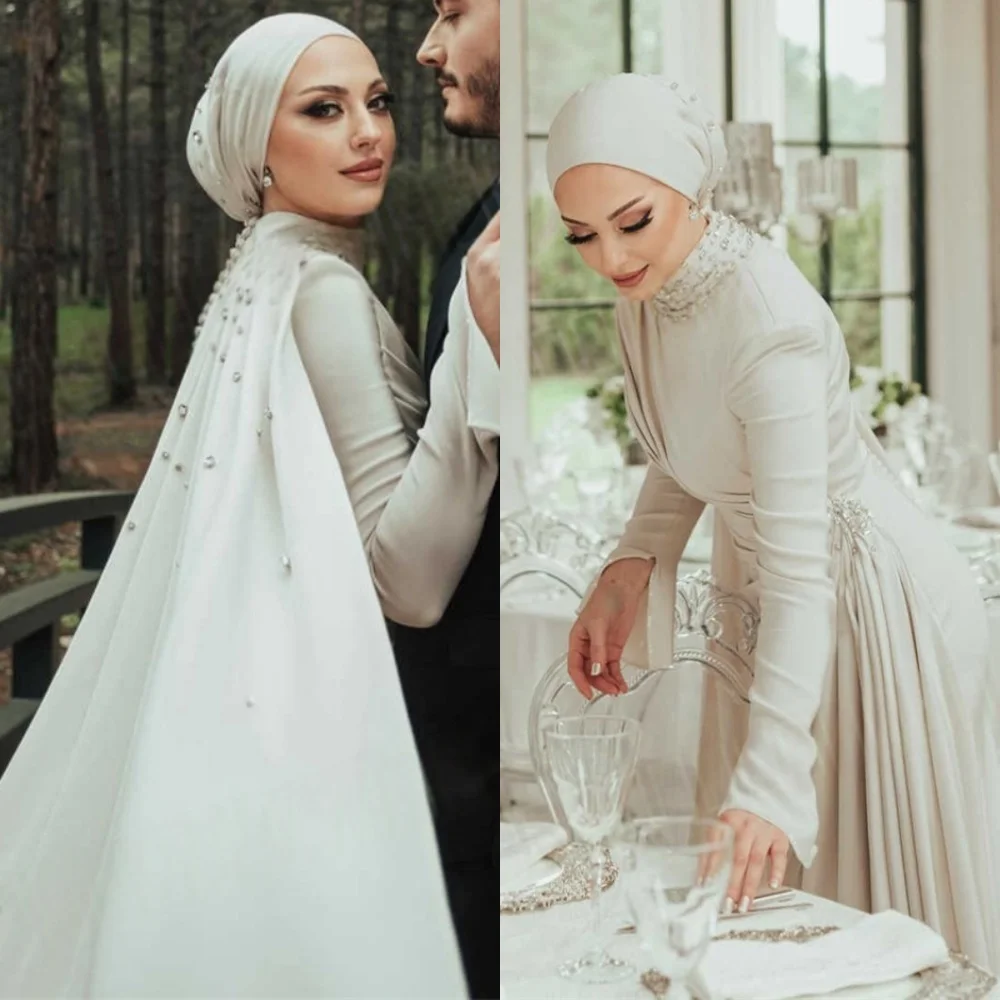 

Customized Formal Satin Evening Dress High Quality High Collar Long Sleeves Homecoming Dresses Modern Special Occasion Gowns