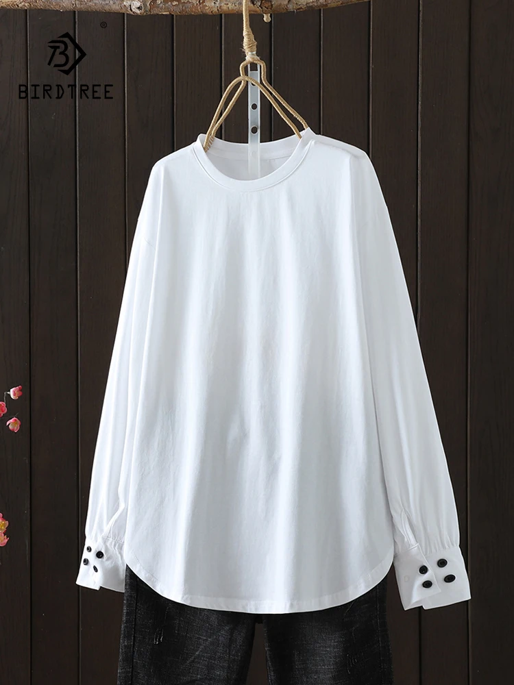 

New 2025 Spring Cotton Long Sleeve T-Shirt, Women O Neck Button Tops, Girl Versatile Casual Loose Mid-Long Tee, Autumn T51609CC