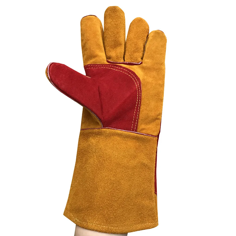 1Pair Fireproof Bbq Gloves Thick Cowhide 14 Inches Long Heat Resistant Anti-Slip for Welding Oven Grill Fireplace Stove
