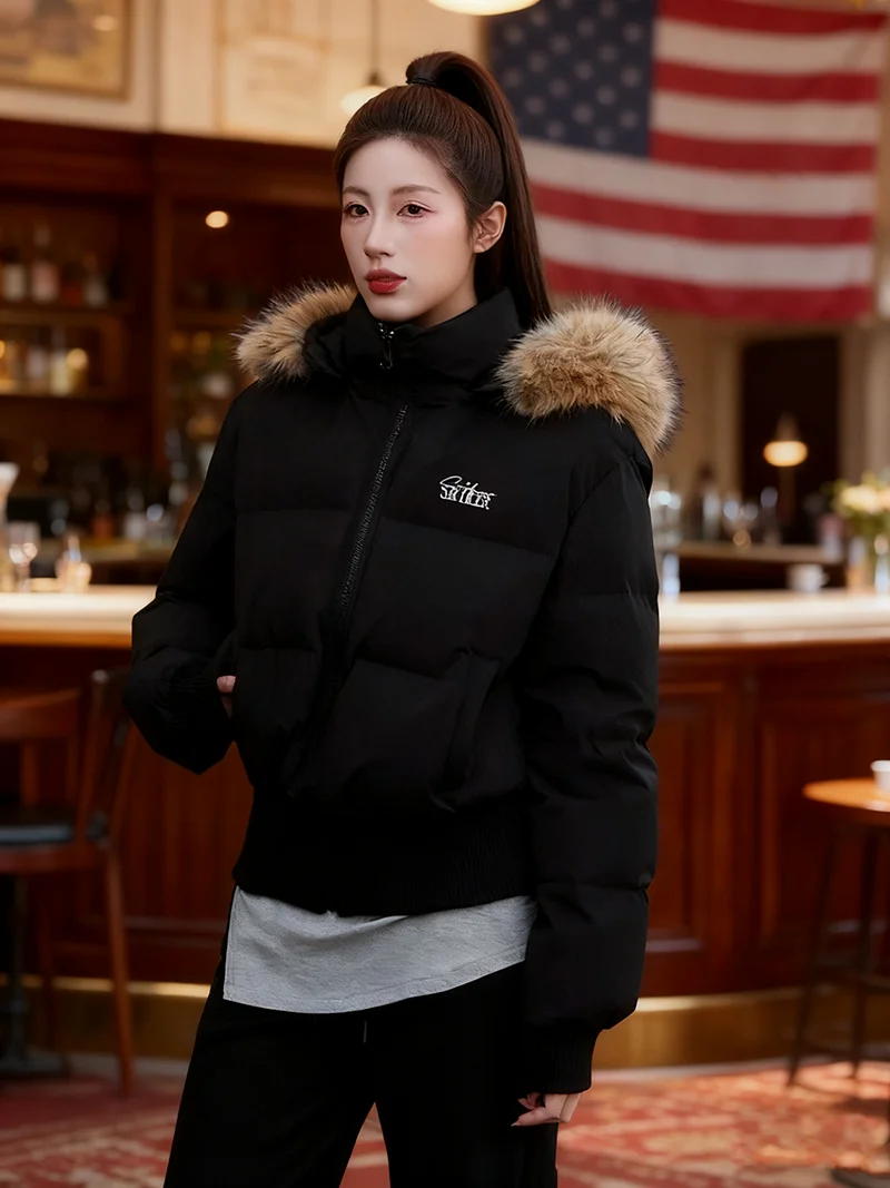 

Women's ort Puffer Jaet Hooded Quilted Coat Warm Faux Fur Collar 90% White Du down Winter Outerwear Sli Commute Sle